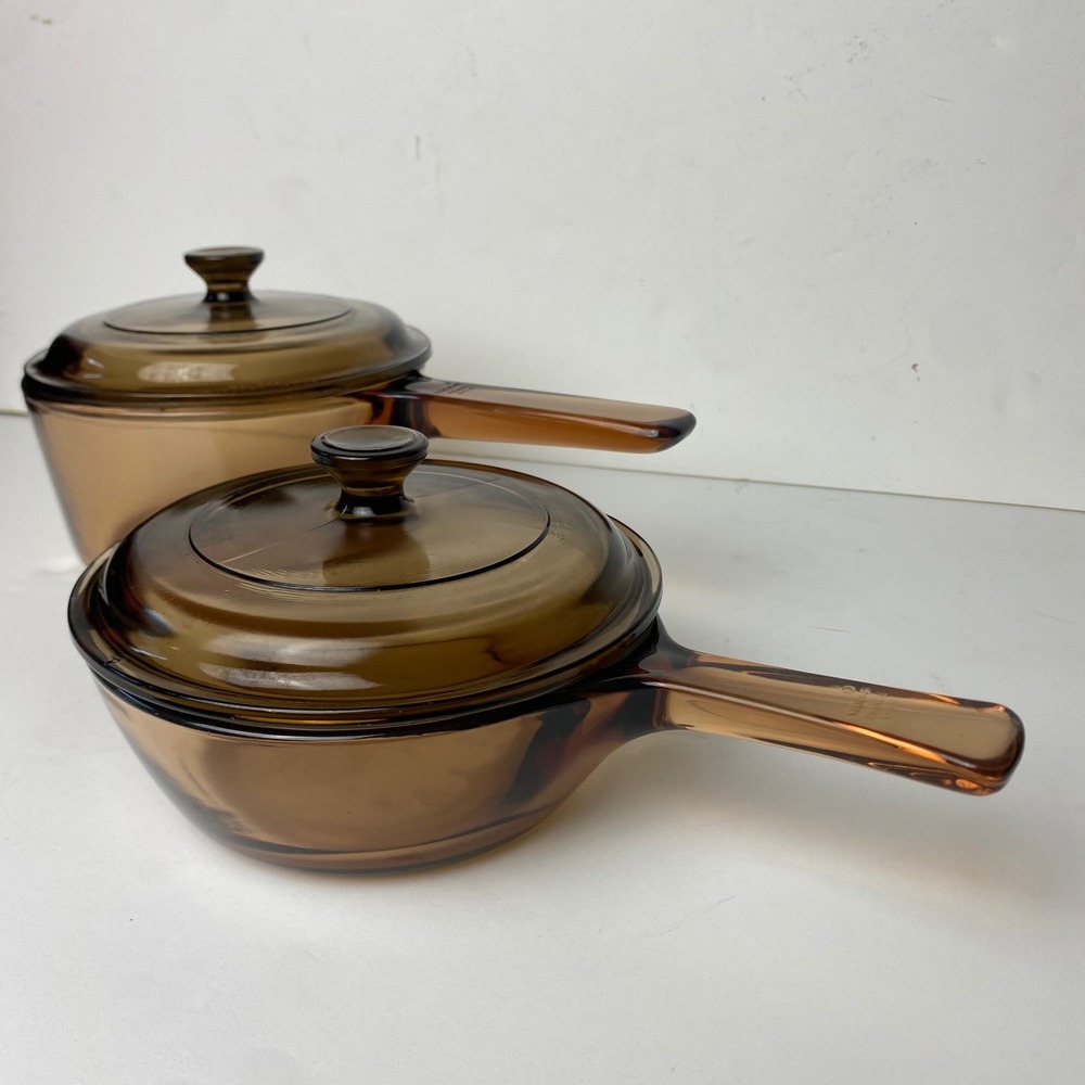 Vintage Visions Corning Amber Glass Saucepan Set 1L 1.5L V-1-B France with Lids - Picture 2 of 14
